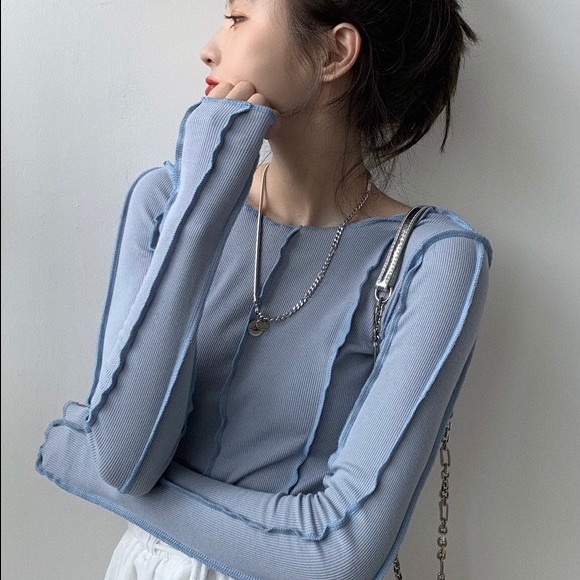 Shirt pastel blue ribbed line blouse womens top - Picture 3 of 7